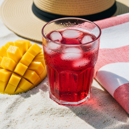 Red Cocktail with mango and hat on the sand. Summer Concept.の素材