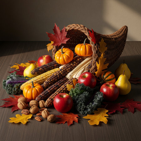 Autumn still life with pumpkins, apples and corn on wooden tableの素材