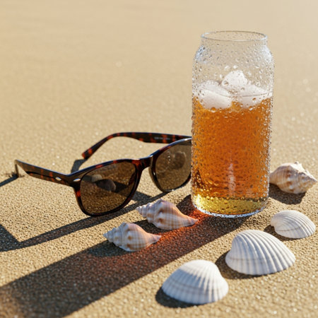 Glass of beer with ice, sunglasses and seashells on sandの素材