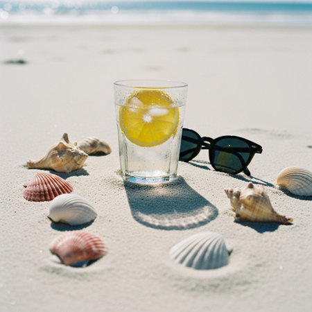 Glass of lemonade on the beach with seashells and sunglassesの素材