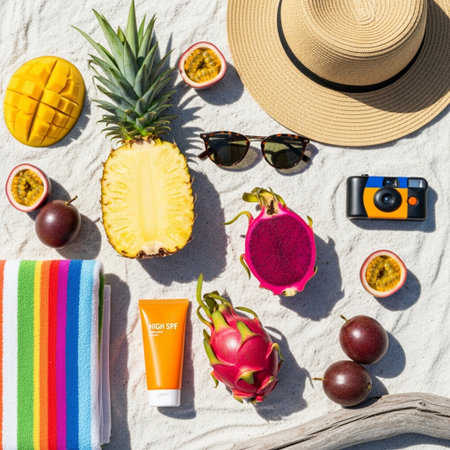 Top view of exotic fruits, sunglasses, hat and sunscreen lotion on sandの素材