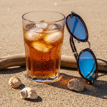 glass of whiskey with ice cubes, sunglasses and driftwood on sandの素材
