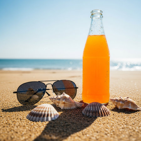 Bottle of orange juice with sunglasses and seashells on sandy beachの素材