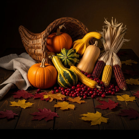Autumn still life with pumpkins, corn and berries on wooden tableの素材
