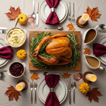 Thanksgiving dinner table setting with roasted turkey. Top view, flat layの素材