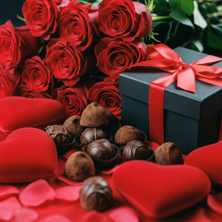 Valentines day background with red roses, gift box and chocolate candiesの素材