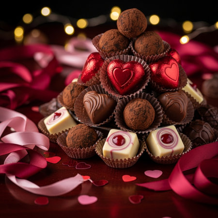 Chocolate candies with hearts and ribbon on a dark background.の素材