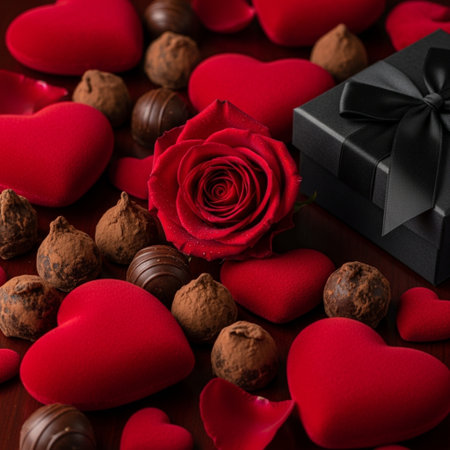 Valentine's day background with red rose and chocolate candiesの素材
