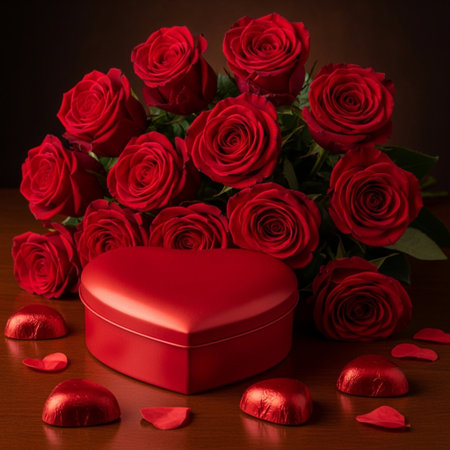 Valentines day background with red roses and gift box on wooden tableの素材