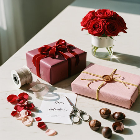 Present box with red roses and ribbons on white marble table.の素材
