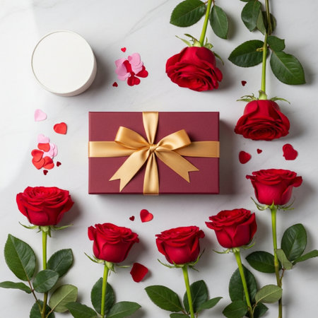 Gift box and red roses on white marble background, top viewの素材