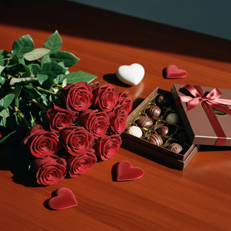Bouquet of red roses and chocolate candies on wooden tableの素材