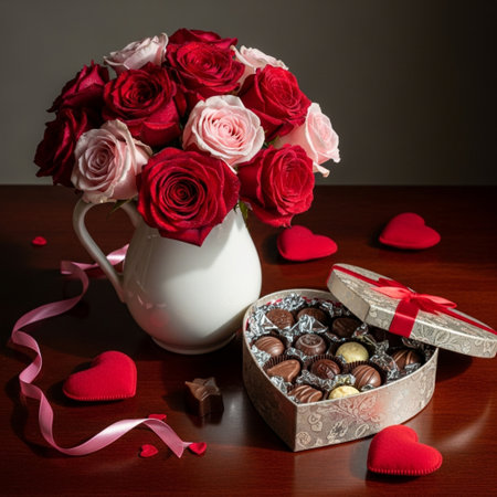 Valentine's day background. Bouquet of red roses and chocolate candies on wooden table.の素材