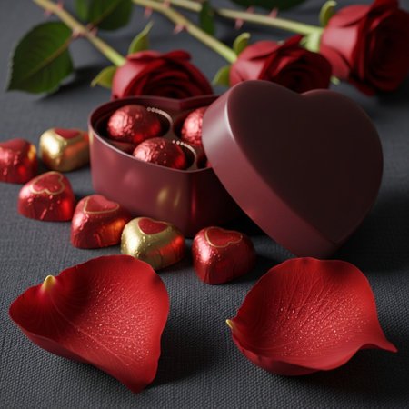 Red roses and chocolate candies on a black background. Valentine's Dayの素材