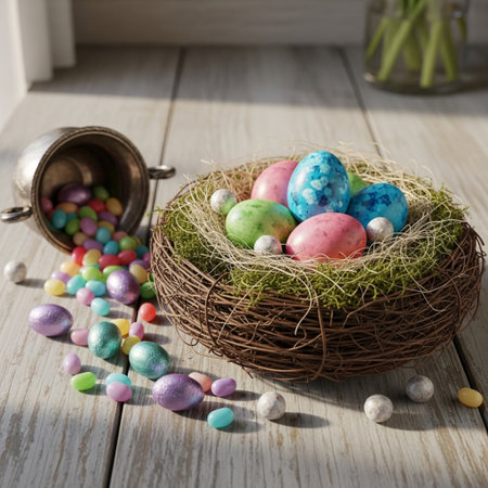 Colorful easter eggs in nest and candies on wooden backgroundの素材