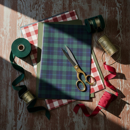 Scissors, thread, tape, fabric and buttons on wooden backgroundの素材