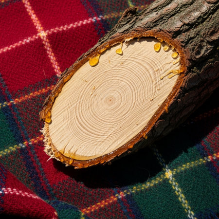 Wooden log cut in cross section on tartan plaid backgroundの素材
