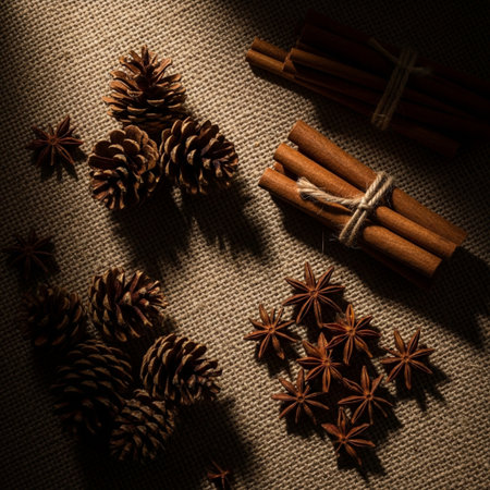 Cinnamon sticks and star anise on burlap background. Toned.の素材