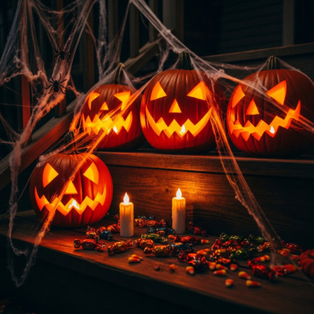 Halloween pumpkins with candles and candy on wooden stairs at nightの素材