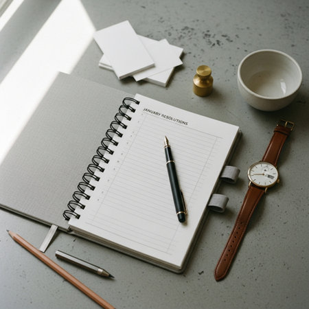 Notepad, pen, watch and stationery on the table.の素材