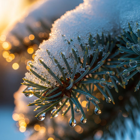 Pine branch covered with snow and ice with bokeh backgroundの素材