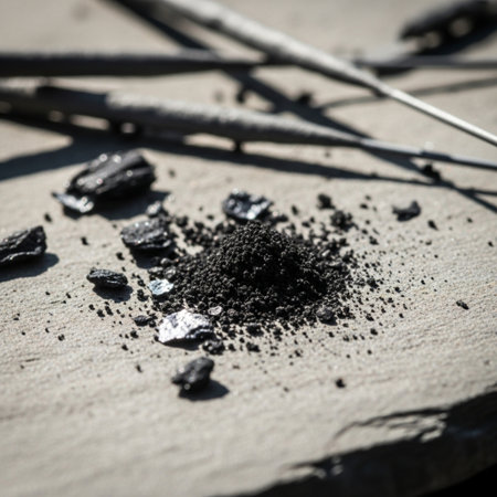 black coal on a wooden table, close-up, selective focusの素材