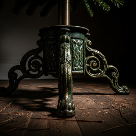 Vintage wooden table in dark room with christmas tree. Selective focus.の素材