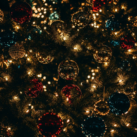 Christmas tree with red and blue ornaments, bokeh backgroundの素材