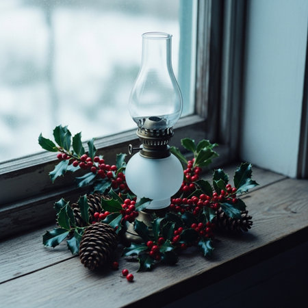 Christmas still life with holly berry, pine cones and vintage lamp on the windowsillの素材