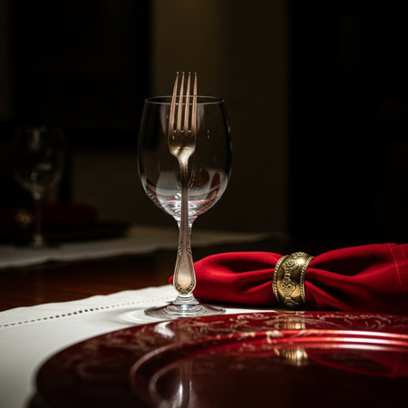 Restaurant table setting with red napkin and wine glass.の素材