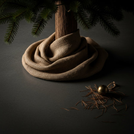 Christmas decoration with fir tree, golden ball and sackcloth on black backgroundの素材