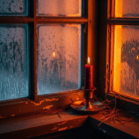Burning red candle on the background of a window with raindropsの素材