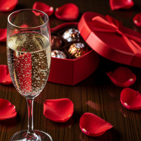 Valentine's Day background with champagne, chocolate candies and rose petalsの素材