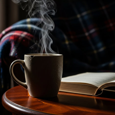 Cup of coffee and book on the wooden table in the roomの素材