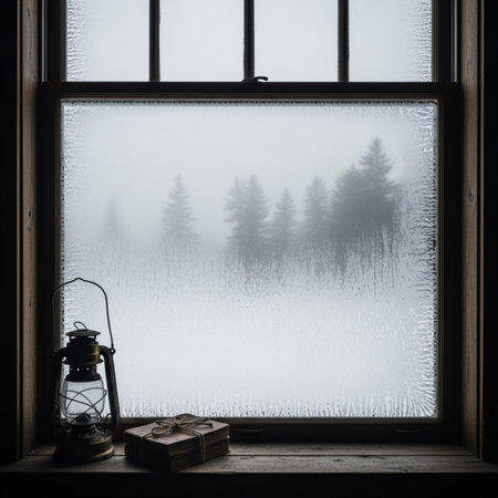 Lantern on the window in the misty morning. Winter landscape.の素材