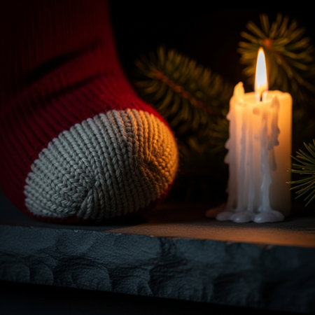 Christmas decoration with burning candle and knitted socks on a wooden backgroundの素材