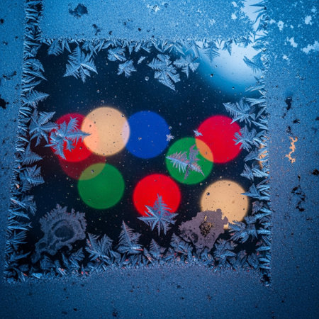 Frosty natural pattern on winter window with colorful bokeh lightsの素材