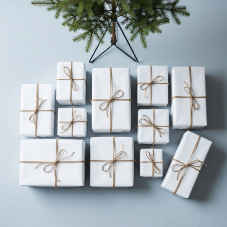Christmas tree and gift boxes on grey background. Flat lay, top viewの素材