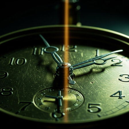 Closeup of clock face on dark background. Selective focus.の素材