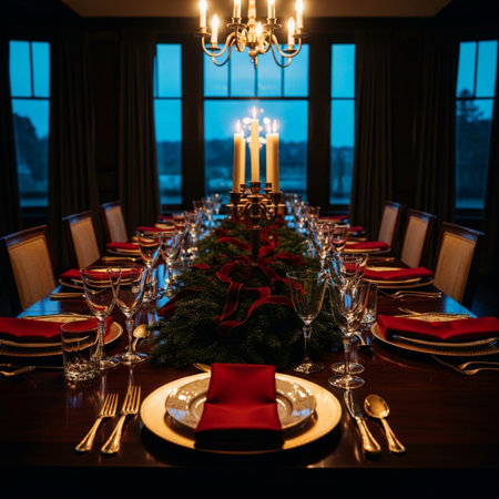 Festive table setting for Christmas and New Year dinner in the restaurantの素材