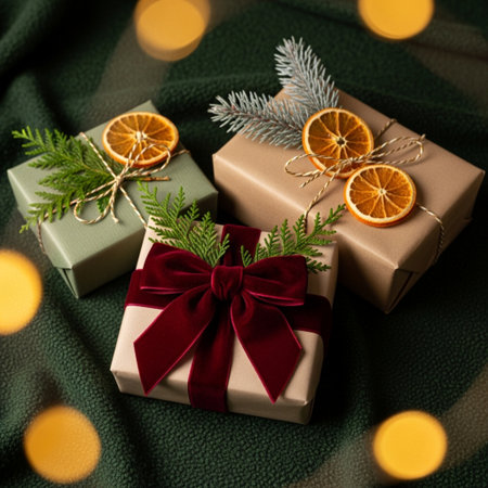 Christmas gift boxes with fir tree branches and orange slices on green backgroundの素材
