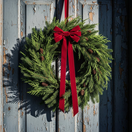 Christmas wreath with red ribbon on a blue wooden door. Toned.の素材