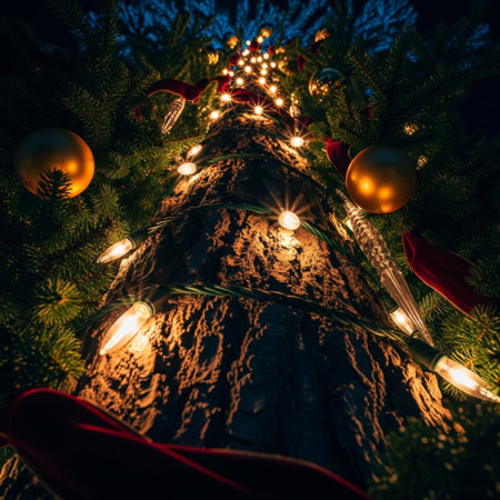 Christmas tree with lights and decorations at night. Selective focus.の素材