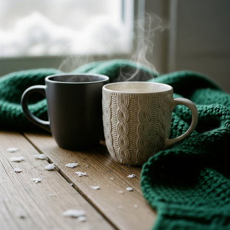 Two cups of hot coffee on a wooden table with a green knitted scarfの素材