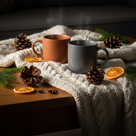 Cup of hot drink with knitted scarf on wooden table. Winter still lifeの素材
