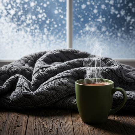 Cup of hot coffee wrapped in a knitted plaid on the windowsillの素材