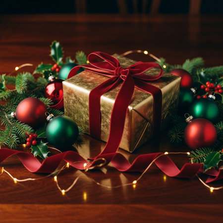 Christmas gift box with red ribbon and Christmas tree branches on wooden backgroundの素材