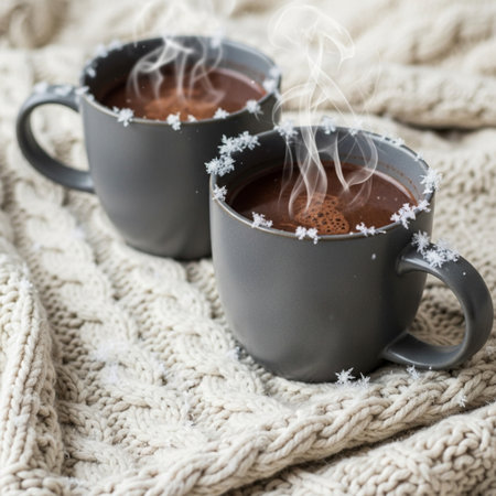 two cups of hot chocolate with steam on a knitted plaidの素材