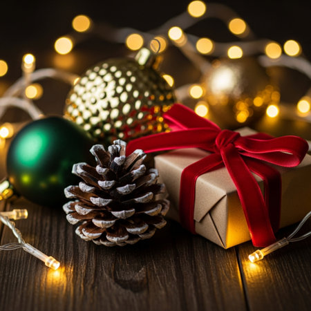 Christmas decoration on wooden background with bokeh lights and gift boxの素材