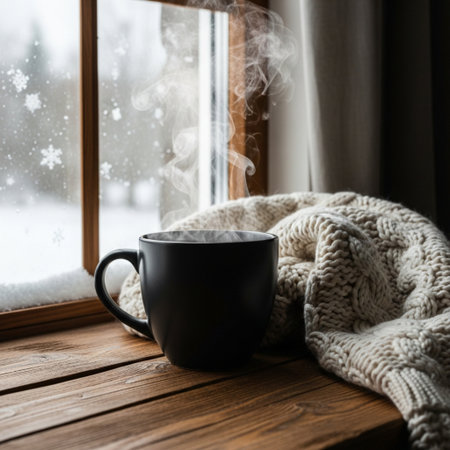 Cup of hot drink with knitted scarf on wooden windowsill.の素材